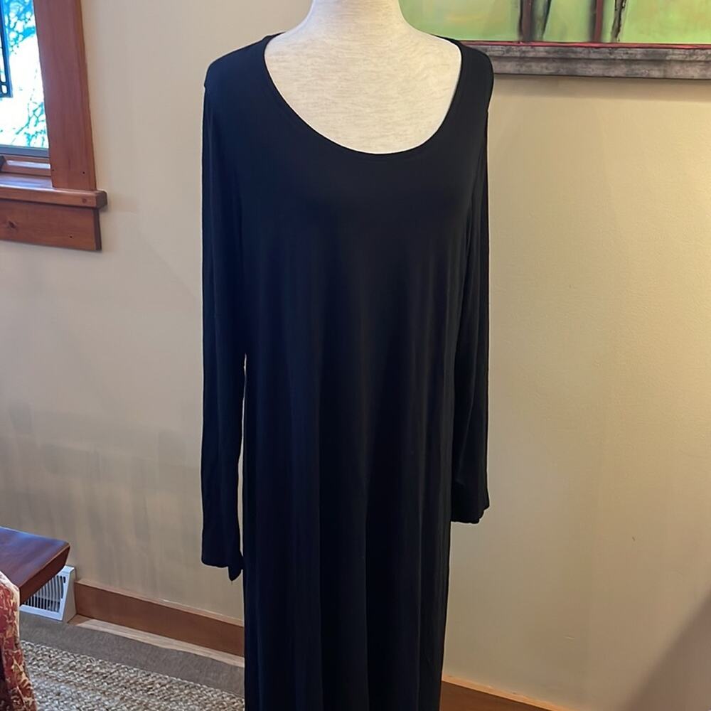 Eileen Fisher Black Viscose Swing Maxi Dress XL Long Sleeve Scoop Neck Stretch